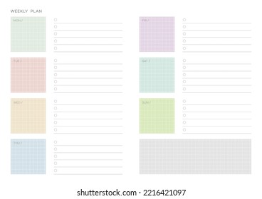 A weekly plan design template in a modern, simple, and minimalist style. Note, scheduler, diary, calendar, planner document template illustration.