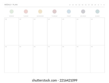 Una plantilla de diseño semanal de un estilo moderno, sencillo y minimalista. Ilustración de plantilla de documento de planificador, de notas, de programadores, de diarios, de calendarios y de planificadores.