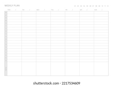 A weekly plan design template in a modern, simple, and minimalist style. Note, scheduler, diary, calendar, planner document template illustration.