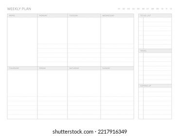 A weekly plan design template in a modern, simple, and minimalist style. Note, scheduler, diary, calendar, planner document template illustration.
