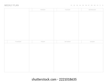 Una plantilla de diseño semanal de un estilo moderno, sencillo y minimalista. Ilustración de plantilla de documento de planificador, de notas, de programadores, de diarios, de calendarios y de planificadores.