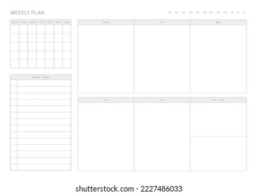 Una plantilla de diseño semanal de un estilo moderno, sencillo y minimalista. Ilustración de plantilla de documento de planificador, de notas, de programadores, de diarios, de calendarios y de planificadores.