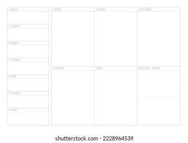 A weekly plan design template in a modern, simple, and minimalist style. Note, scheduler, diary, calendar, planner document template illustration.