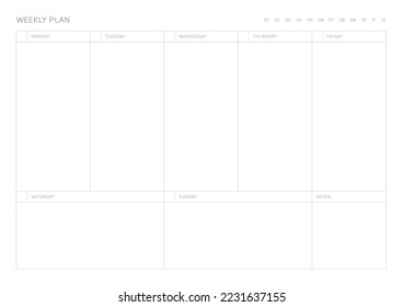 Una plantilla de diseño semanal de un estilo moderno, sencillo y minimalista. Ilustración de plantilla de documento de planificador, de notas, de programadores, de diarios, de calendarios y de planificadores.