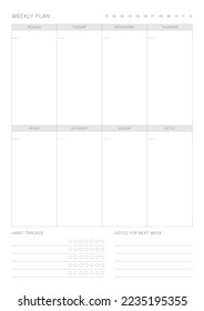 Una plantilla de diseño semanal de un estilo moderno, sencillo y minimalista. Ilustración de plantilla de documento de planificador, de notas, de programadores, de diarios, de calendarios y de planificadores.