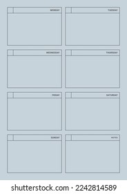Eine wöchentliche Planvorlage in einem modernen, einfachen und minimalistischen Stil. Hinweis, Scheduler, Tagebuch, Kalender, Planer Dokumentvorlage Illustration.