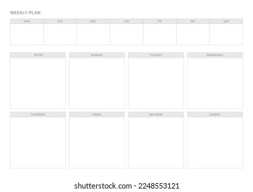 A weekly plan design template in a modern, simple, and minimalist style. Note, scheduler, diary, calendar, planner document template illustration.