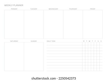 Una plantilla de diseño semanal de un estilo moderno, sencillo y minimalista. Ilustración de plantilla de documento de planificador, de notas, de programadores, de diarios, de calendarios y de planificadores.