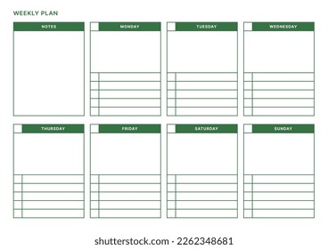 A weekly plan design template in a modern, simple, and minimalist style. Note, scheduler, diary, calendar, planner document template illustration.