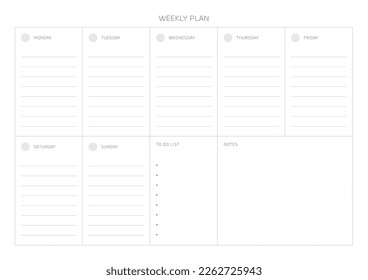 A weekly plan design template in a modern, simple, and minimalist style. Note, scheduler, diary, calendar, planner document template illustration.