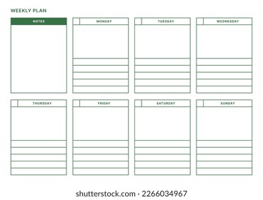 Una plantilla de diseño semanal de un estilo moderno, sencillo y minimalista. Ilustración de plantilla de documento de planificador, de notas, de programadores, de diarios, de calendarios y de planificadores.