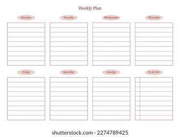 A weekly plan design template in a modern, simple, and minimalist style. Note, scheduler, diary, calendar, planner document template illustration.