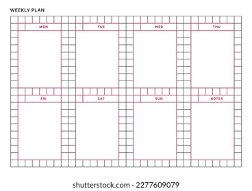 A weekly plan design template in a modern, simple, and minimalist style. Note, scheduler, diary, calendar, planner document template illustration.