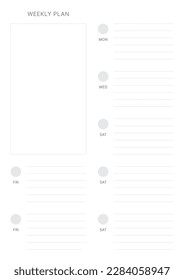 A weekly plan design template in a modern, simple, and minimalist style. Note, scheduler, diary, calendar, planner document template illustration.