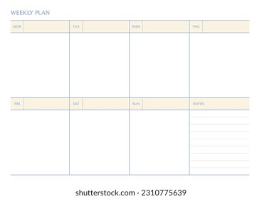 A weekly plan design template in a modern, simple, and minimalist style. Note, scheduler, diary, calendar, planner document template illustration.
