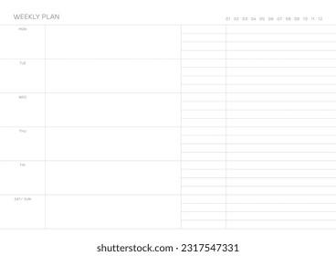 A weekly plan design template in a modern, simple, and minimalist style. Note, scheduler, diary, calendar, planner document template illustration.