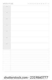A weekly plan design template in a modern, simple, and minimalist style. Note, scheduler, diary, calendar, planner document template illustration.