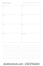 A weekly plan design template in a modern, simple, and minimalist style. Note, scheduler, diary, calendar, planner document template illustration.