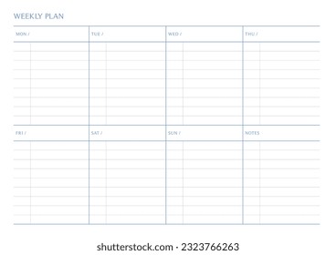 A weekly plan design template in a modern, simple, and minimalist style. Note, scheduler, diary, calendar, planner document template illustration.
