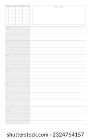 Una plantilla de diseño semanal de un estilo moderno, sencillo y minimalista. Ilustración de plantilla de documento de planificador, de notas, de programadores, de diarios, de calendarios y de planificadores.