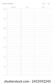 Una Plantilla de diseño de Plan semanal en un estilo moderno, simple y minimalista. Nota, planificador, agenda, calendario, planificador, ilustración de Plantilla de documento.