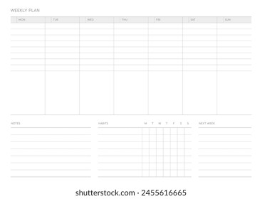 A weekly plan design template in a modern, simple, and minimalist style. Note, scheduler, diary, calendar, planner document template illustration.
