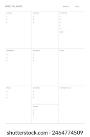 Una Plantilla de diseño de Plan semanal en un estilo moderno, simple y minimalista. Nota, planificador, agenda, calendario, planificador, ilustración de Plantilla de documento.