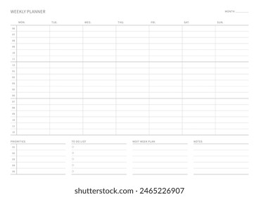 A weekly plan design template in a modern, simple, and minimalist style. Note, scheduler, diary, calendar, planner document template illustration.