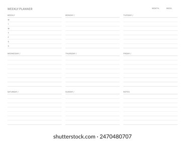 A weekly plan design template in a modern, simple, and minimalist style. Note, scheduler, diary, calendar, planner document template illustration.