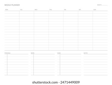A weekly plan design template in a modern, simple, and minimalist style. Note, scheduler, diary, calendar, planner document template illustration.