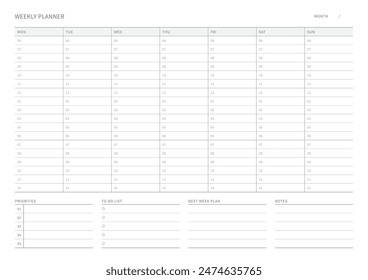 A weekly plan design template in a modern, simple, and minimalist style. Note, scheduler, diary, calendar, planner document template illustration.