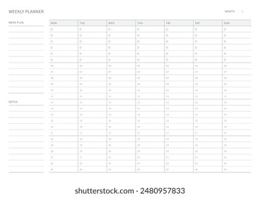 A weekly plan design template in a modern, simple, and minimalist style. Note, scheduler, diary, calendar, planner document template illustration.