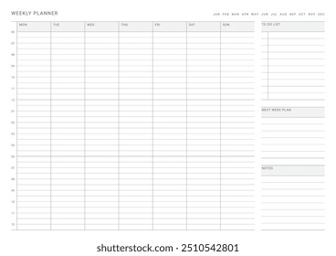 A weekly plan design template in a modern, simple, and minimalist style. Note, scheduler, diary, calendar, planner document template illustration.