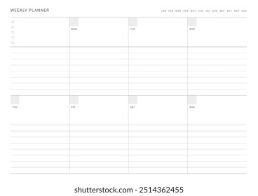 Una Plantilla de diseño de Plan semanal en un estilo moderno, simple y minimalista. Nota, planificador, diario, calendario, planificador ilustración de Plantilla de documentos.