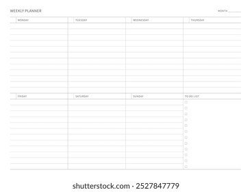 Una Plantilla de diseño de Plan semanal en un estilo moderno, simple y minimalista. Nota, planificador, diario, calendario, planificador ilustración de Plantilla de documentos.