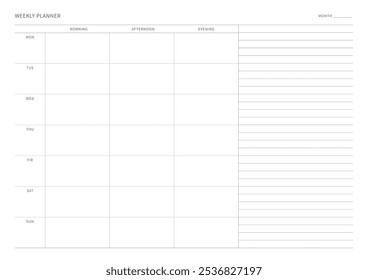 Una Plantilla de diseño de Plan semanal en un estilo moderno, simple y minimalista. Nota, planificador, diario, calendario, planificador ilustración de Plantilla de documentos.