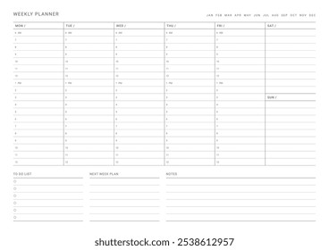 Una Plantilla de diseño de Plan semanal en un estilo moderno, simple y minimalista. Nota, planificador, diario, calendario, planificador ilustración de Plantilla de documentos.