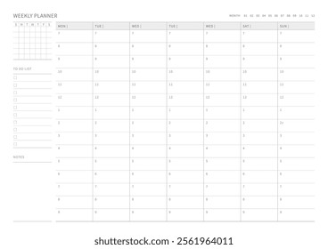 A weekly plan design template in a modern, simple, and minimalist style. Note, scheduler, diary, calendar, planner document template illustration.