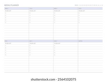 A weekly plan design template in a modern, simple, and minimalist style. Note, scheduler, diary, calendar, planner document template illustration.