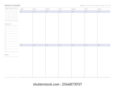 A weekly plan design template in a modern, simple, and minimalist style. Note, scheduler, diary, calendar, planner document template illustration.