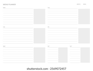 A weekly plan design template in a modern, simple, and minimalist style. Note, scheduler, diary, calendar, planner document template illustration.