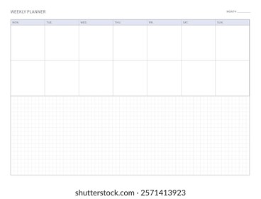 A weekly plan design template in a modern, simple, and minimalist style. Note, scheduler, diary, calendar, planner document template illustration.