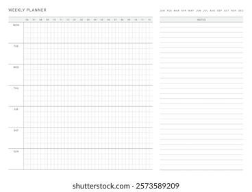 A weekly plan design template in a modern, simple, and minimalist style. Note, scheduler, diary, calendar, planner document template illustration.