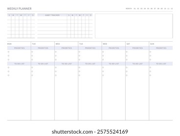 A weekly plan design template in a modern, simple, and minimalist style. Note, scheduler, diary, calendar, planner document template illustration.