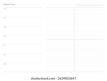 A weekly plan design template in a modern, simple, and minimalist style. Note, scheduler, diary, calendar, planner document template illustration.