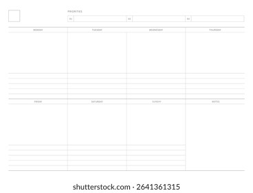 A weekly plan design template in a modern, simple, and minimalist style. Note, scheduler, diary, calendar, planner document template illustration.