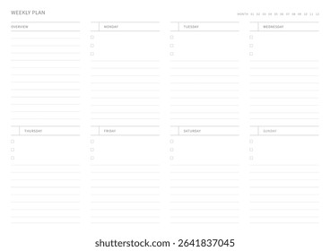 A weekly plan design template in a modern, simple, and minimalist style. Note, scheduler, diary, calendar, planner document template illustration.