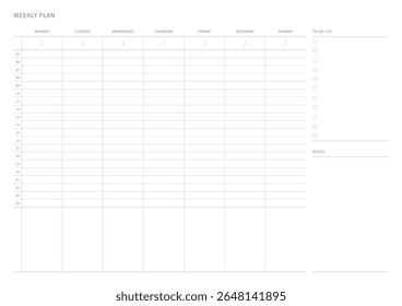 A weekly plan design template in a modern, simple, and minimalist style. Note, scheduler, diary, calendar, planner document template illustration.