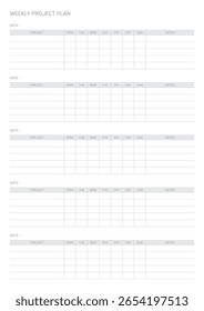 Um modelo de projeto de plano semanal em um estilo moderno, simples e minimalista. Nota, ilustração de modelo de documento do planejador, calendário, calendário, programador.