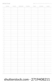 A weekly plan design template in a modern, simple, and minimalist style. Note, scheduler, diary, calendar, planner document template illustration.